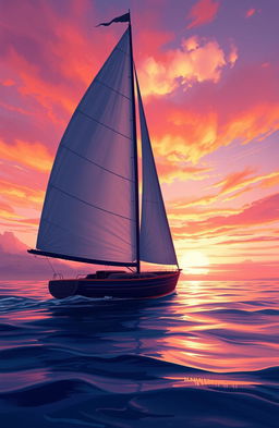 A stunning digital painting depicting a boat sail gracefully gliding on the sea against a backdrop of a vibrant dusky sky