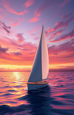 A stunning digital painting depicting a boat sail gracefully gliding on the sea against a backdrop of a vibrant dusky sky