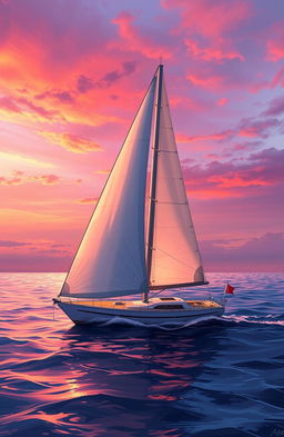 A stunning digital painting depicting a boat sail gracefully gliding on the sea against a backdrop of a vibrant dusky sky