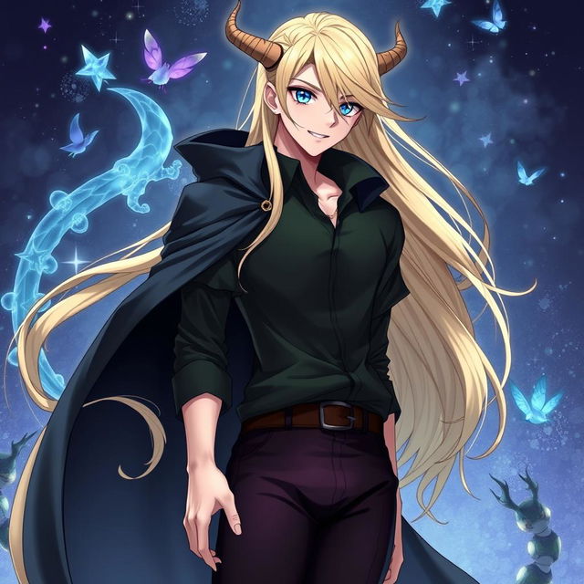 A fantasy anime-style illustration of a tall and beautiful male character with fair skin, captivating blue eyes, and sleek, long blond hair that flows gracefully