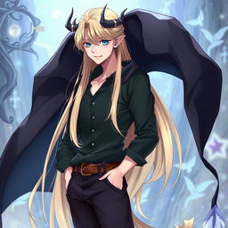 A fantasy anime-style illustration of a tall and beautiful male character with fair skin, captivating blue eyes, and sleek, long blond hair that flows gracefully