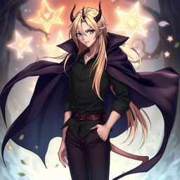 A fantasy anime-style illustration of a tall and beautiful male character with fair skin, captivating blue eyes, and sleek, long blond hair that flows gracefully