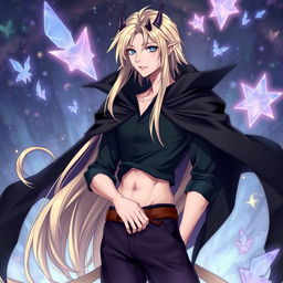A fantasy anime-style illustration of a tall and beautiful male character with fair skin, captivating blue eyes, and sleek, long blond hair that flows gracefully