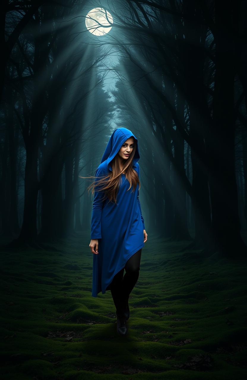 A mystical scene featuring a woman wearing a vivid blue hood, gracefully walking into an enchanting dark woods