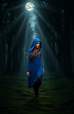 A mystical scene featuring a woman wearing a vivid blue hood, gracefully walking into an enchanting dark woods