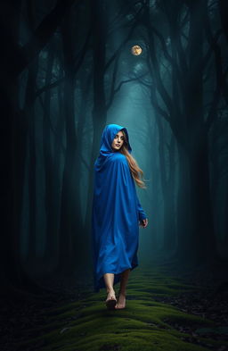 A mystical scene featuring a woman wearing a vivid blue hood, gracefully walking into an enchanting dark woods