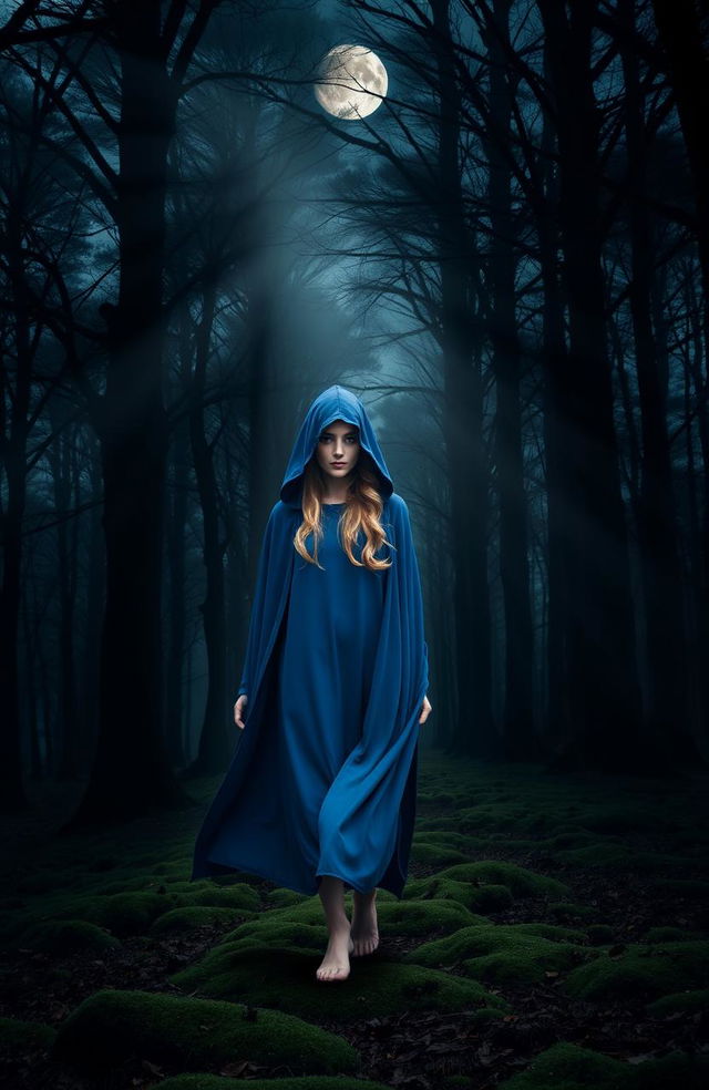 A mystical scene featuring a woman wearing a vivid blue hood, gracefully walking into an enchanting dark woods