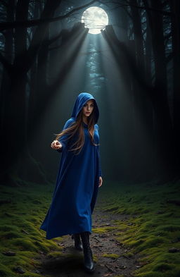 A mystical scene featuring a woman wearing a vivid blue hood, gracefully walking into an enchanting dark woods