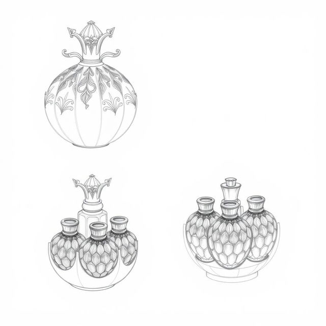 A collection of two pencil sketches illustrating a unique perfume bottle design shaped like a pomegranate, divided into two halves