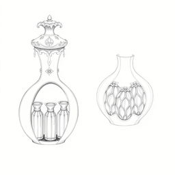 A collection of two pencil sketches illustrating a unique perfume bottle design shaped like a pomegranate, divided into two halves