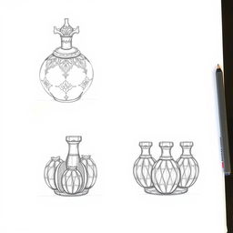 A collection of two pencil sketches illustrating a unique perfume bottle design shaped like a pomegranate, divided into two halves