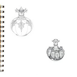 A collection of two pencil sketches illustrating a unique perfume bottle design shaped like a pomegranate, divided into two halves