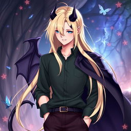 A fantasy anime-style illustration of a tall and beautiful male character with fair skin, vibrant blue eyes, and sleek, long blond hair that elegantly reaches his shoulders