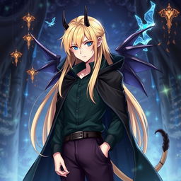 A fantasy anime-style illustration of a tall and beautiful male character with fair skin, vibrant blue eyes, and sleek, long blond hair that elegantly reaches his shoulders