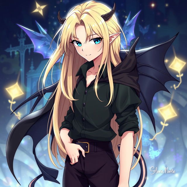 A fantasy anime-style illustration of a tall and beautiful male character with fair skin, vibrant blue eyes, and sleek, long blond hair that elegantly reaches his shoulders