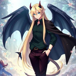 A fantasy anime-style illustration of a tall and beautiful male character with fair skin, vibrant blue eyes, and sleek, long blond hair that elegantly reaches his shoulders
