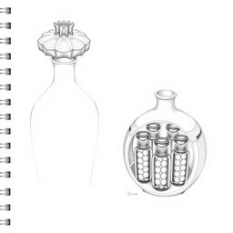 Two detailed pencil sketches showcasing a perfume bottle design modeled after a pomegranate, featuring a split design