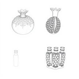 Two detailed pencil sketches showcasing a perfume bottle design modeled after a pomegranate, featuring a split design