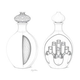 Two detailed pencil sketches showcasing a perfume bottle design modeled after a pomegranate, featuring a split design