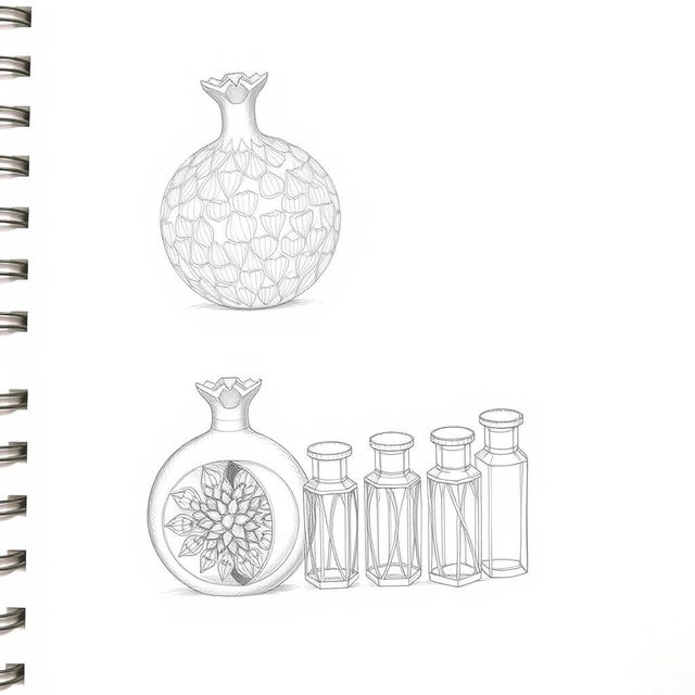 Two detailed pencil sketches showcasing a perfume bottle design modeled after a pomegranate, featuring a split design