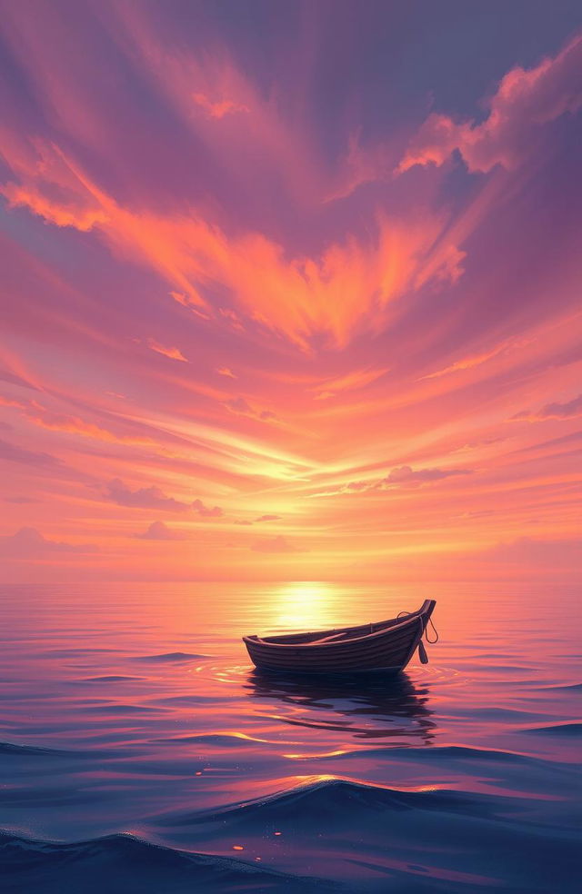 A serene digital painting depicting a small boat bobbing gently on the tranquil sea under a stunning dusky sky, filled with delicate hues of orange, purple, and pink blending seamlessly together