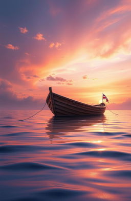 A serene digital painting depicting a small boat bobbing gently on the tranquil sea under a stunning dusky sky, filled with delicate hues of orange, purple, and pink blending seamlessly together