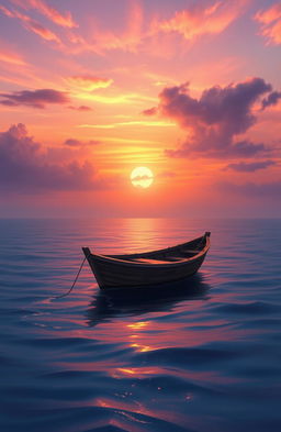 A serene digital painting depicting a small boat bobbing gently on the tranquil sea under a stunning dusky sky, filled with delicate hues of orange, purple, and pink blending seamlessly together