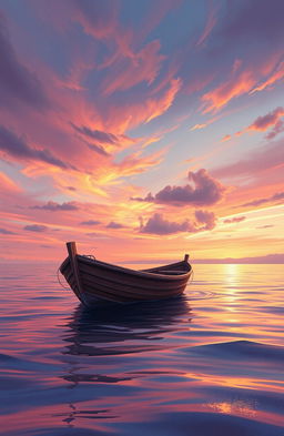 A serene digital painting depicting a small boat bobbing gently on the tranquil sea under a stunning dusky sky, filled with delicate hues of orange, purple, and pink blending seamlessly together