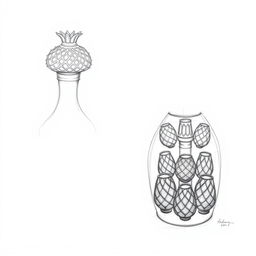 Two pencil sketches illustrating a perfume bottle design inspired by a pomegranate, featuring a split design