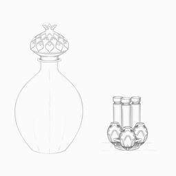Two pencil sketches illustrating a perfume bottle design inspired by a pomegranate, featuring a split design