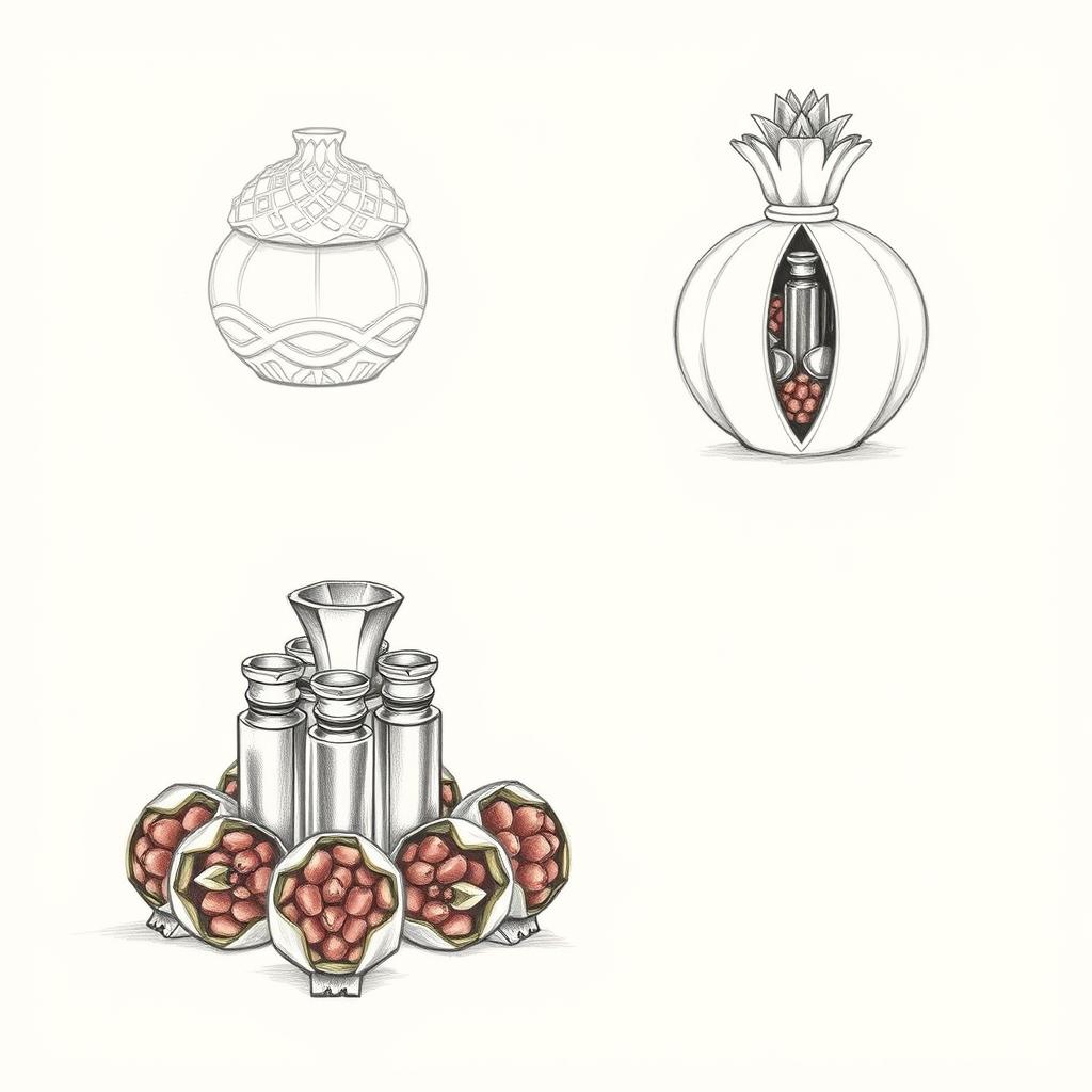 Two pencil sketches illustrating a perfume bottle design inspired by a pomegranate, featuring a split design