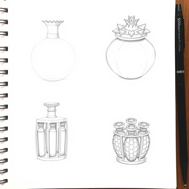 Two pencil sketches illustrating a perfume bottle design inspired by a pomegranate, featuring a split design