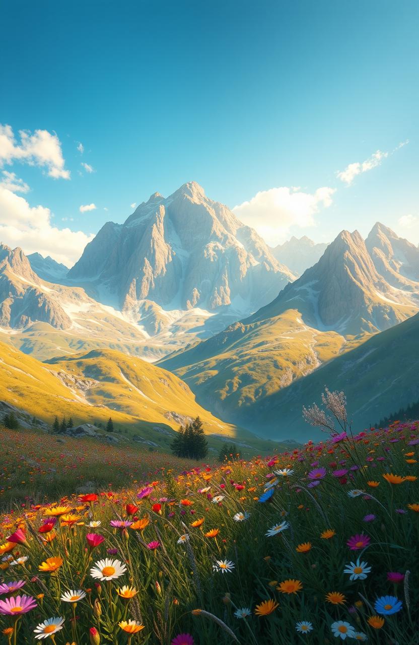 A stunning digital painting depicting a beautiful nature scene under majestic mountains, vibrant wildflowers scattered throughout the landscape in a variety of colors, a clear blue sky overhead, and soft golden sunlight illuminating the scene, creating a serene and peaceful atmosphere