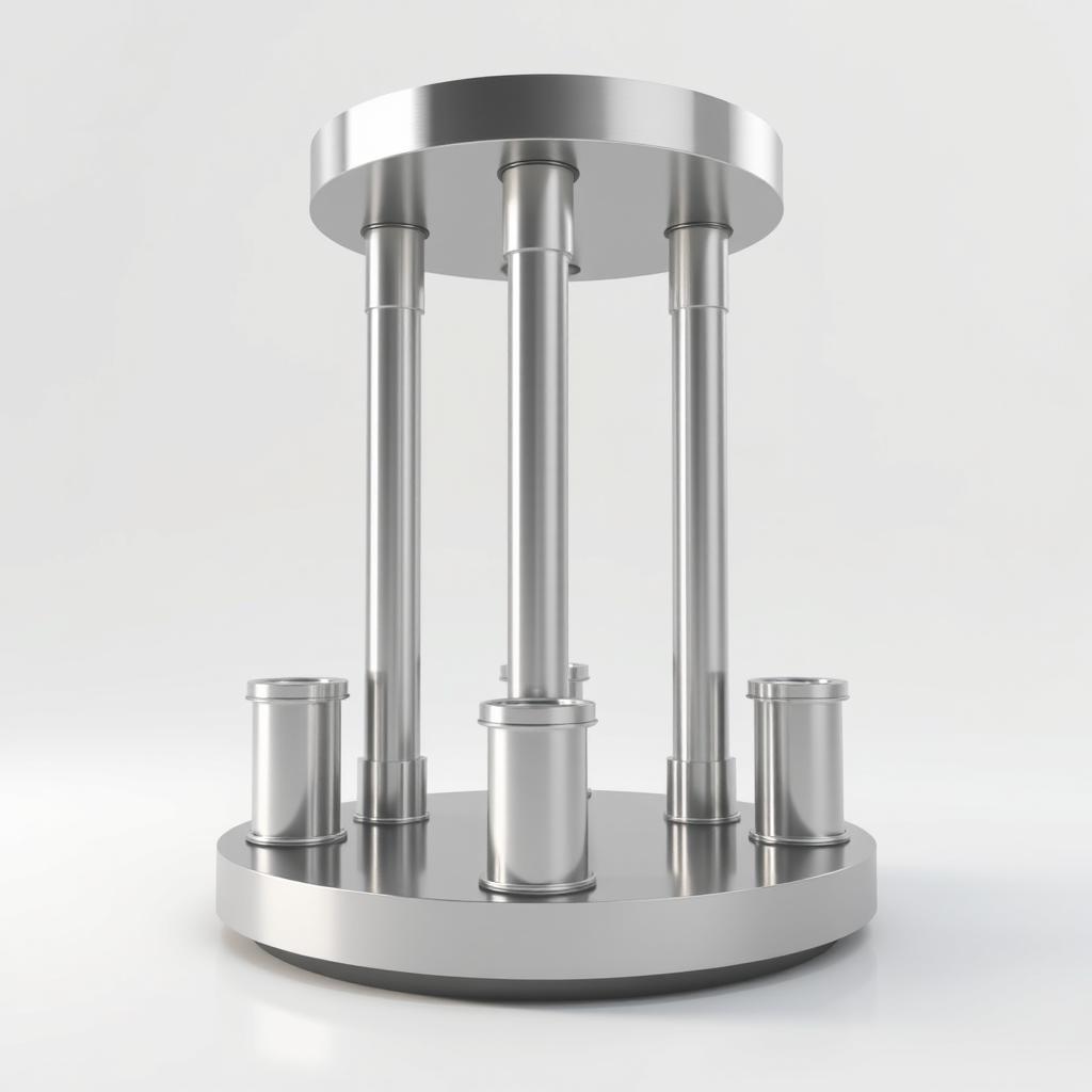 A highly detailed 3D rendering of a cylindrical design featuring five steel pillars