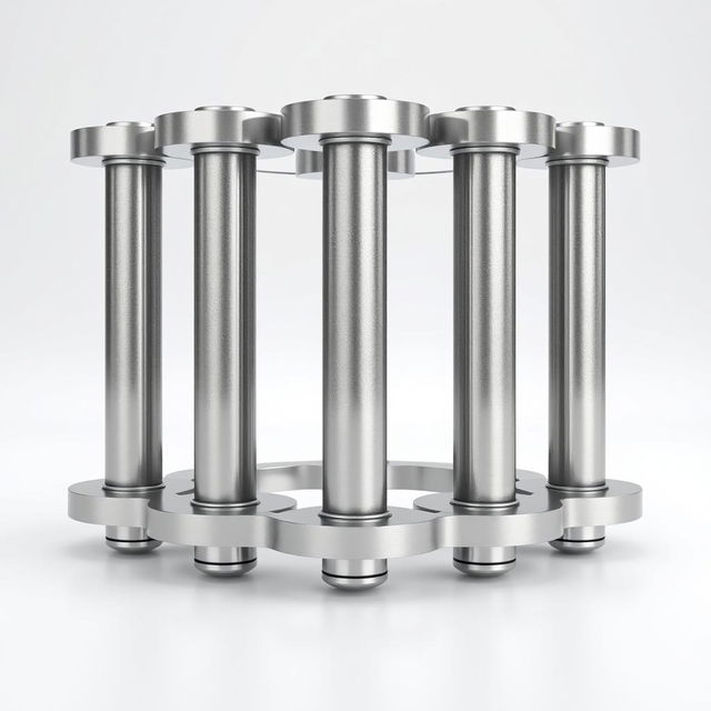 A highly detailed 3D rendering of a cylindrical design featuring five steel pillars