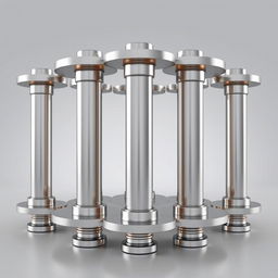 A highly detailed 3D rendering of a cylindrical design featuring five steel pillars