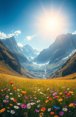 A stunning digital painting depicting a beautiful nature scene under majestic mountains, vibrant wildflowers scattered throughout the landscape in a variety of colors, a clear blue sky overhead, and soft golden sunlight illuminating the scene, creating a serene and peaceful atmosphere
