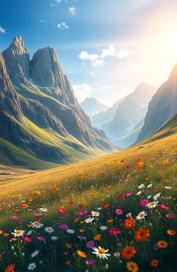A stunning digital painting depicting a beautiful nature scene under majestic mountains, vibrant wildflowers scattered throughout the landscape in a variety of colors, a clear blue sky overhead, and soft golden sunlight illuminating the scene, creating a serene and peaceful atmosphere