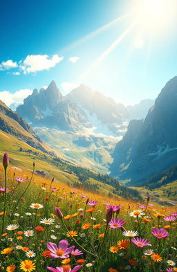 A stunning digital painting depicting a beautiful nature scene under majestic mountains, vibrant wildflowers scattered throughout the landscape in a variety of colors, a clear blue sky overhead, and soft golden sunlight illuminating the scene, creating a serene and peaceful atmosphere