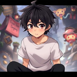 A fantasy anime-style illustration of a male character with black, short shaggy hair and thick eyebrows that frame his expressive brown eyes