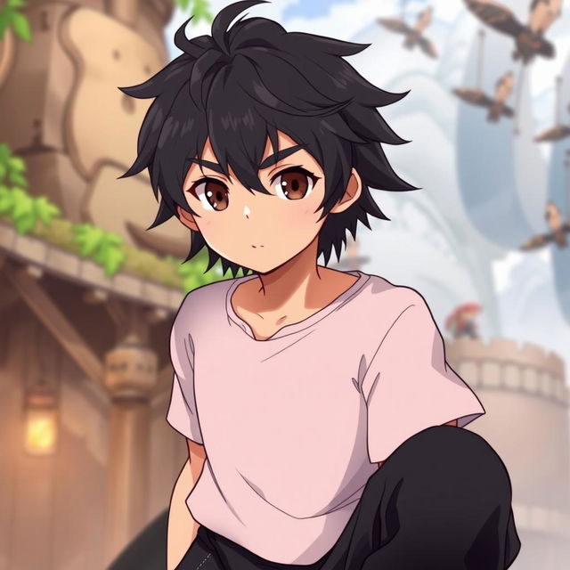 A fantasy anime-style illustration of a male character with black, short shaggy hair and thick eyebrows that frame his expressive brown eyes