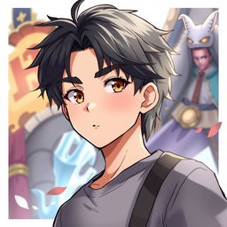 A fantasy anime-style illustration of a male character with black, short shaggy hair and thick eyebrows that frame his expressive brown eyes