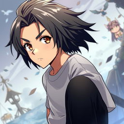 A fantasy anime-style illustration of a male character with black, short shaggy hair and thick eyebrows that frame his expressive brown eyes