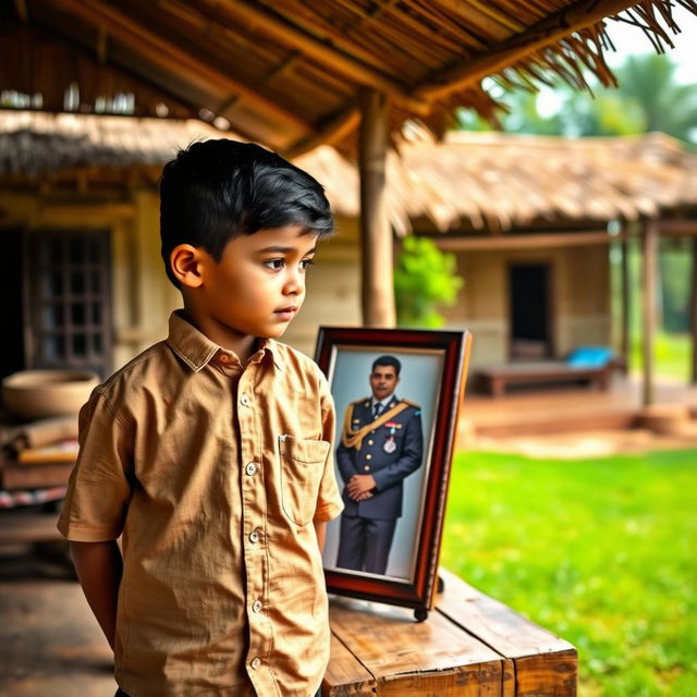 A young boy, age 7, standing proudly in a traditional village setting, looking thoughtfully at a framed photo of his grandfather in his IAS officer uniform, displayed on a rustic wooden table