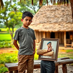 A young boy, age 7, standing proudly in a traditional village setting, looking thoughtfully at a framed photo of his grandfather in his IAS officer uniform, displayed on a rustic wooden table