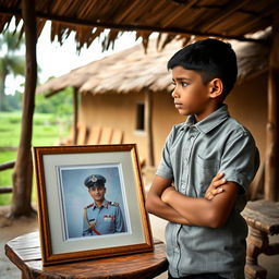 A young boy, age 7, standing proudly in a traditional village setting, looking thoughtfully at a framed photo of his grandfather in his IAS officer uniform, displayed on a rustic wooden table