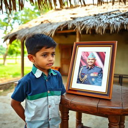 A young boy, age 7, standing proudly in a traditional village setting, looking thoughtfully at a framed photo of his grandfather in his IAS officer uniform, displayed on a rustic wooden table