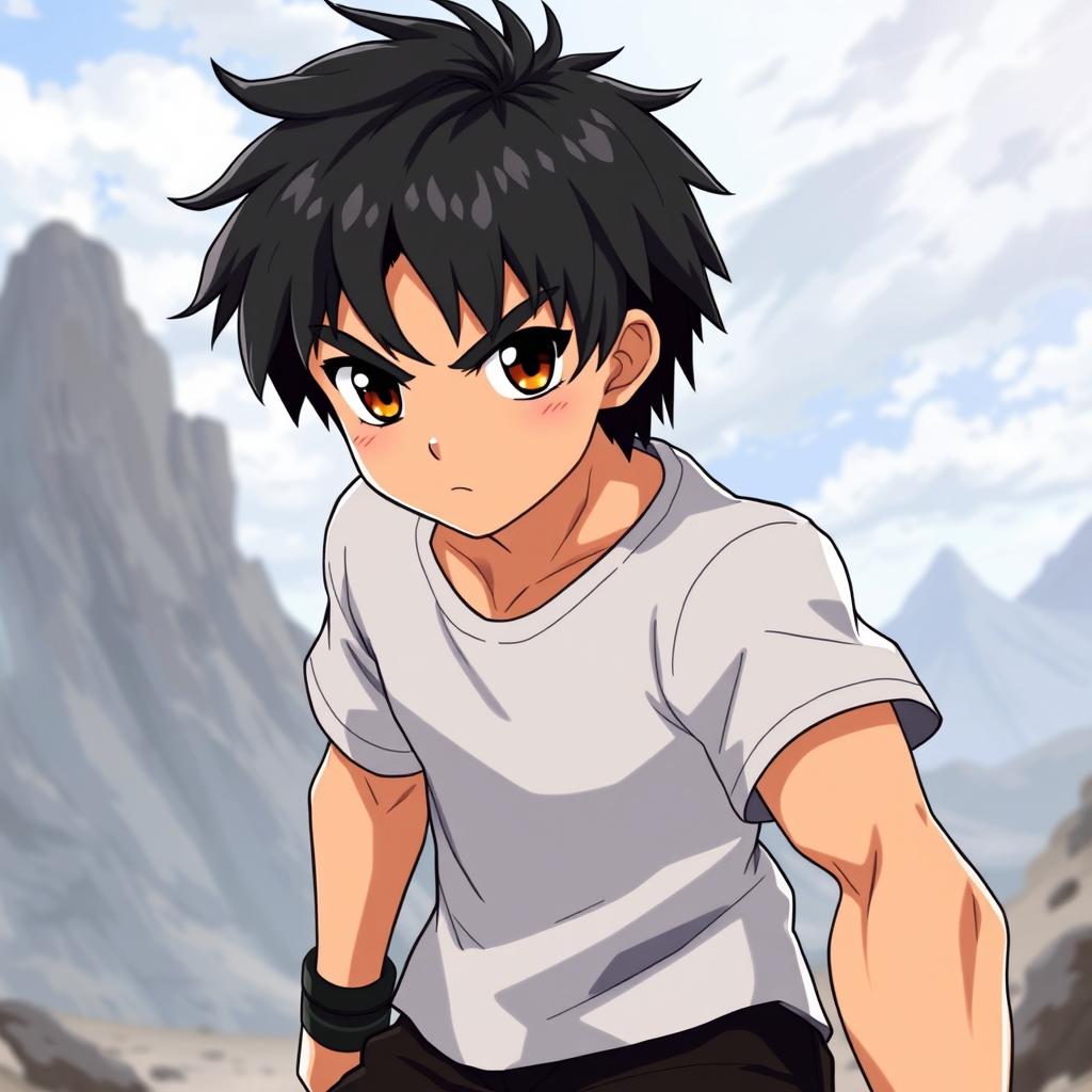 A fantasy anime-style illustration of a male fighter character with black, short shaggy hair and thick eyebrows that emphasize his determined brown eyes