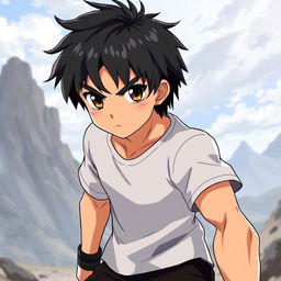 A fantasy anime-style illustration of a male fighter character with black, short shaggy hair and thick eyebrows that emphasize his determined brown eyes