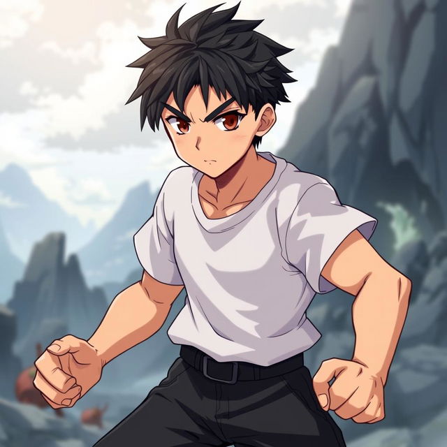 A fantasy anime-style illustration of a male fighter character with black, short shaggy hair and thick eyebrows that emphasize his determined brown eyes